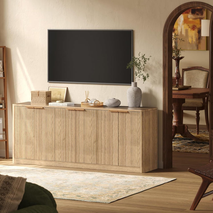 67" Fluted Oak Buffet Cabinet with Storage | Mid-Century Modern Wood Sideboard, Large Credenza with 6 Doors for Kitchen or Living Room, 67"W X 31.5"H X 15.7"D