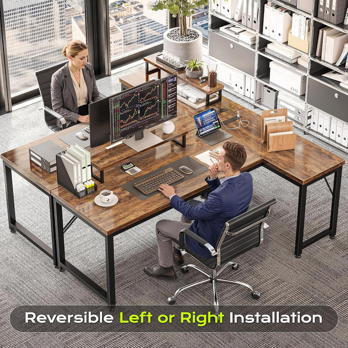53" L Shaped Computer Desk, Outlets, Monitor Stand, Rustic Brown