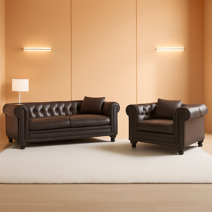 2-Piece Tech Fabric Upholstered Living Room Sofa Set, Including 3-Seater Sofa and Loveseat with Button and Copper Nail on Arms, Four Pillows Included, Grey