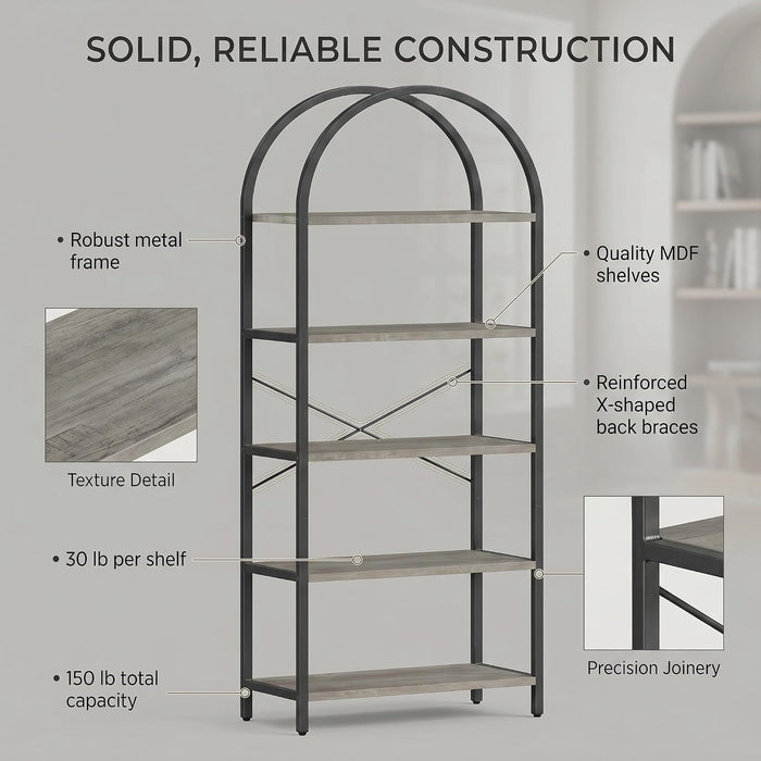 71" Arched Bookcase, 5-Tier Industrial Bookshelf with Metal Frame, Tall Storage Display Shelf for Living Room, Bedroom, Home Office, Gray