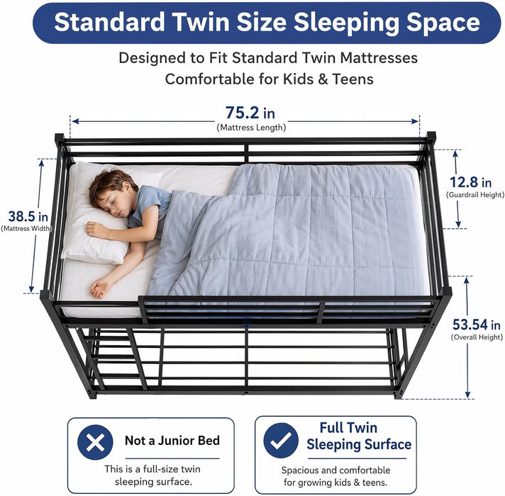 Twin over Twin Low Profile Metal Bunk Bed for Kids & Teens | 53.9" Low Profile, 400 Lbs Each Bunk, 12.8" Guardrails, Quiet Steel Frame, No Box Spring