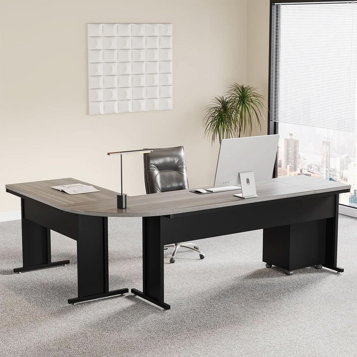 83 Inch L-Shaped Office Desk, Large Executive Computer Desk with 3-Drawer File Cabinet, Industrial Corner Desk with Storage Drawers, Business Furniture Work Desk for Home Office (Gray)