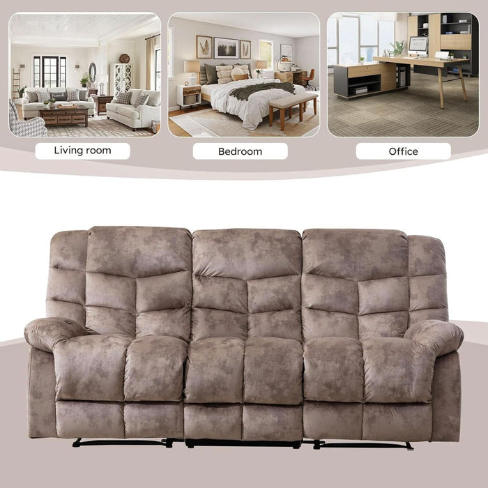 Reclining Couch for Living Room, Extra Wide Modern Overstuffed 3 Seat Recliner Manual Sofa Breathable Fabric and Padded Cushion, Light Brown