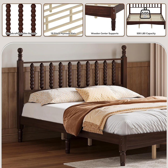 Walnut Wood Bed Frame Queen Size with Spindle Headboard, Queen Platform Bed with Wooden Slat Support, Retro Style Spindle Beds for Boys Girls Kids Adults Toddler, Easy Assembly