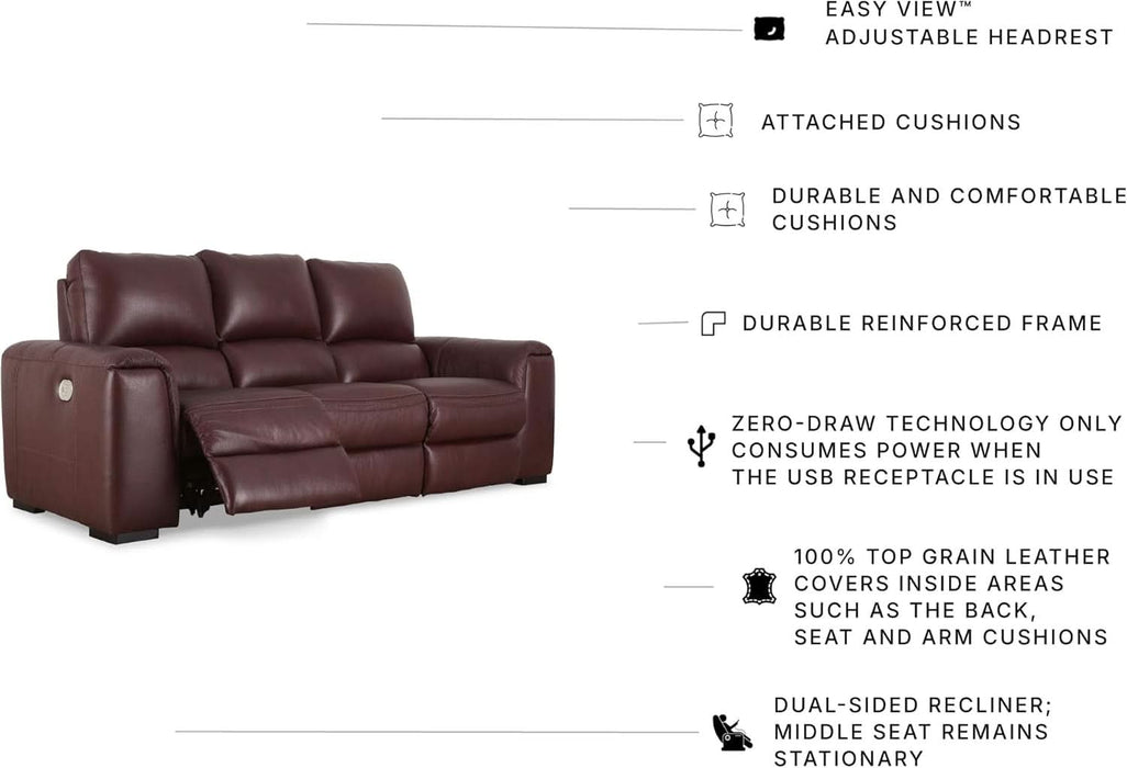 Alessandro Contemporary Leather Power Reclining Sofa with Adjustable Headrest, Red