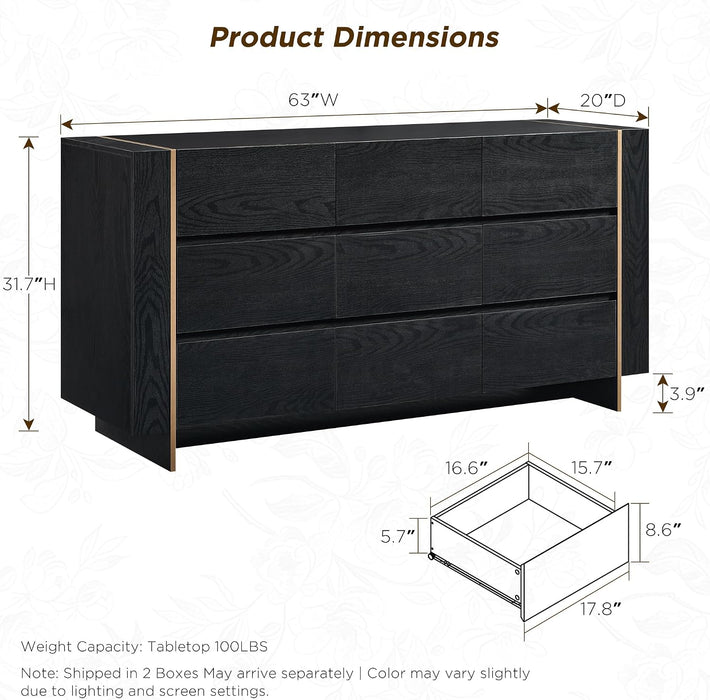 63" Modern 9 Drawer Dresser for Bedroom, 20" Depth for More Storage