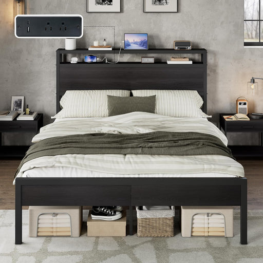 Full Size Bed Frame with Storage Headboard & Charging Station, Industrial Metal Platform Bed with Large Under-Bed Storage, Heavy Duty Slats, No Box Spring Needed, Black