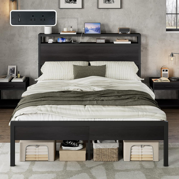 Full Size Bed Frame with Storage Headboard & Charging Station, Industrial Metal Platform Bed with Large Under-Bed Storage, Heavy Duty Slats, No Box Spring Needed, Black