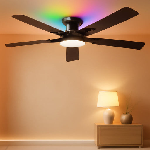 52 Inch Smart Ceiling Fans with RGB Lights, Low Profile Flush Mount Ceiling Fan with Alexa/App/Remote Control, Dimmable 20W LED Light, Black Modern Fan for Living Room, Bedroom, Game Room