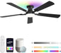 52 Inch Smart Ceiling Fans with RGB Lights, Low Profile Flush Mount Ceiling Fan with Alexa/App/Remote Control, Dimmable 20W LED Light, Black Modern Fan for Living Room, Bedroom, Game Room