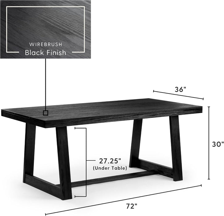 72 Inch Farmhouse Dining Table, Solid Wood Rustic Kitchen Table, Large Wooden Rectangular Dinner Table for Dining Room, Home Office, Living Room Furniture, Easy Assembly, Black Wirebrush