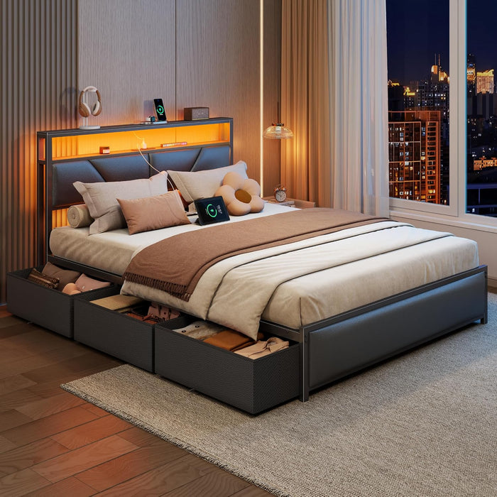 Queen Bed Frame with Storage Headboard, 6 Drawers, LED & Charging