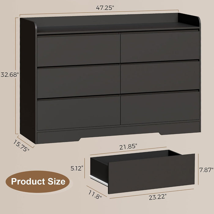 Black Dresser, 6 Drawer Dresser for Bedroom, Dresser for Closet