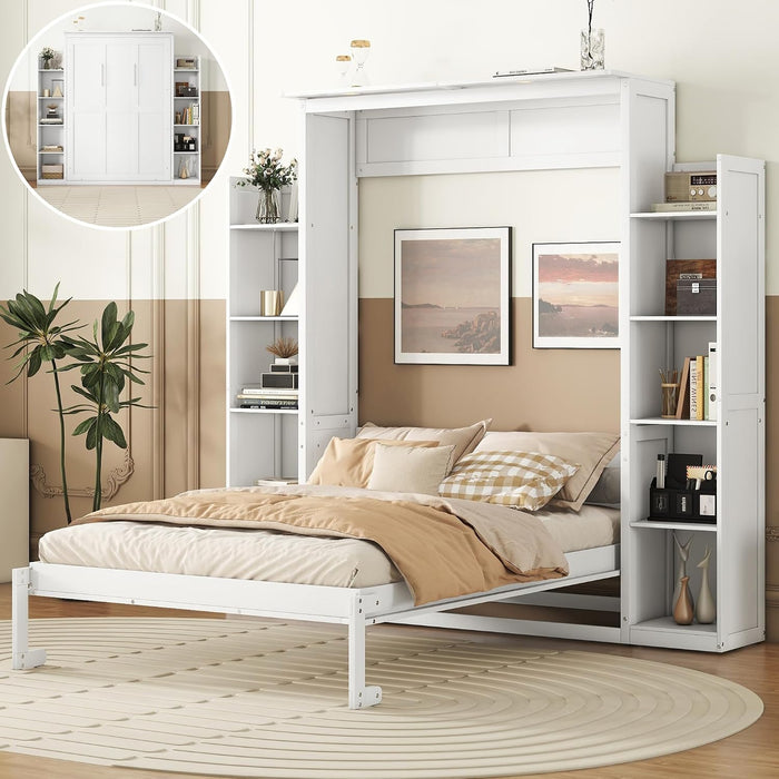 Full Murphy Bed White With BuiltInStorageShelves LED