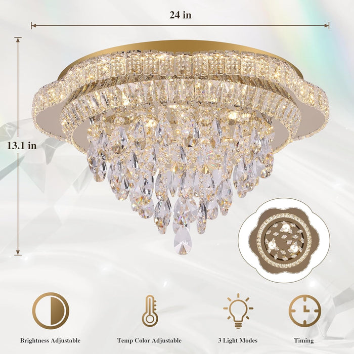 24Inch Gold LuxCrystalLED Remote Flush Mount Light