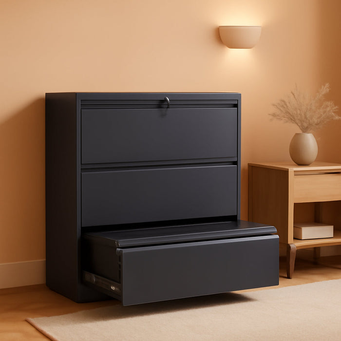 3 Drawer Lateral File Cabinet with Lock,Black Home Office Cabinet