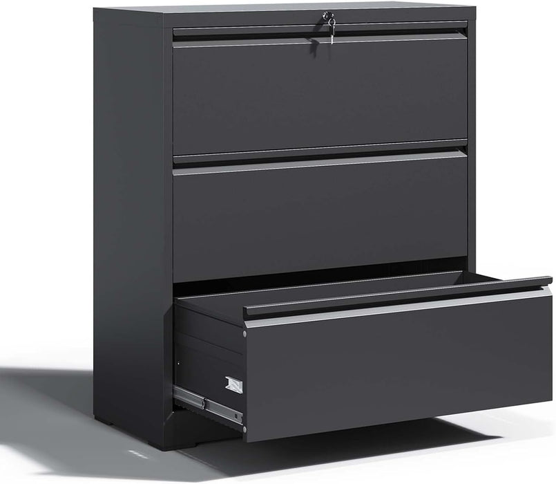 3 Drawer Lateral File Cabinet with Lock,Black Home Office Cabinet