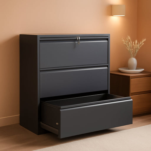 3 Drawer Metal Lateral Filing Cabinet with Lock,Black File Cabinet