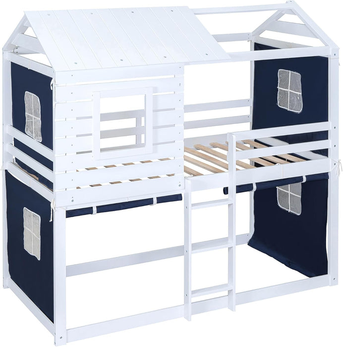 Twin Size BlueAndWhite Reinforced Pinewood Bunk Bed