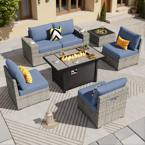 7 Pieces Patio Furniture Set, Outdoor Wicker Sectional Sofa with 42 Inch Fire Pit Table Comfy Cushions, Modern Modular Deep Seat Rattan Couch Conversation Set, Denim Blue