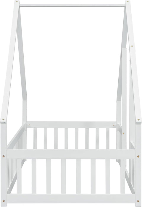 Twin White Montessori House Floor Bed IntegratedFence