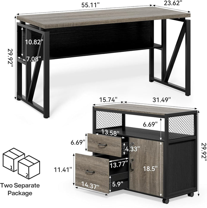 55" Executive Computer Desk and Lateral File Cabinet, L-Shaped Office Desk for Home Office, Furniture Set, Grey