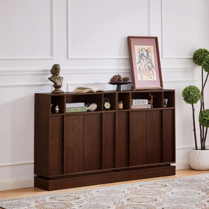 Wooden Sideboard Buffet Cabinet with Open Storage & Adjustable Shelves,Farmhouse Narrow Entryway Cabinet with Socket Hole & Anti‑Tip Kit,Slim Accent Cabinet for Small Spaces (Walnut 31.7")