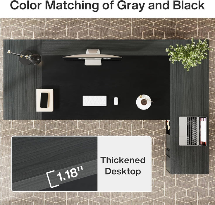 78" L-Shaped Executive Desk, Large Modern Office Desk with Drawers and Lateral File Cabinet, Business Furniture with Storage Shelves, Big Computer Desk for Home Office (Grey + Blcak)