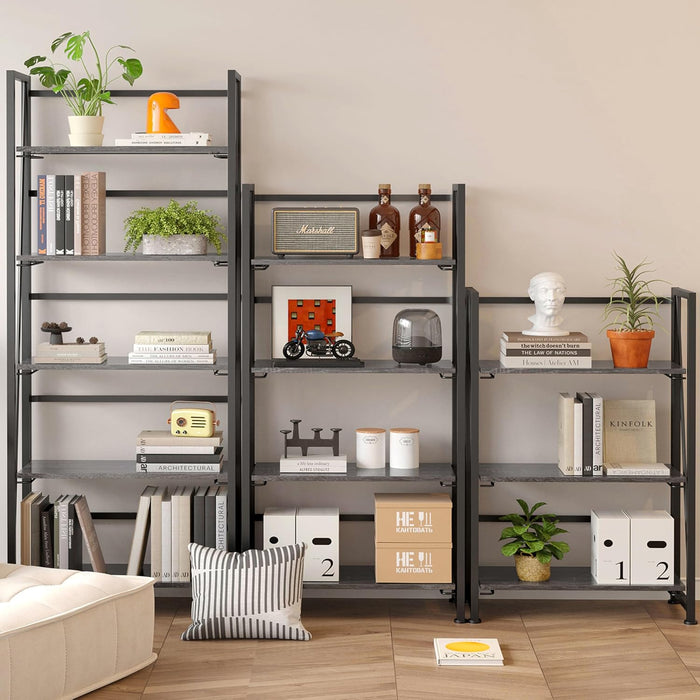 Vintage Multifunctional Folding Bookshelf, No-Assembly Plant Stand Storage Rack Shelves for Home Office (Gray, 5-Tier)