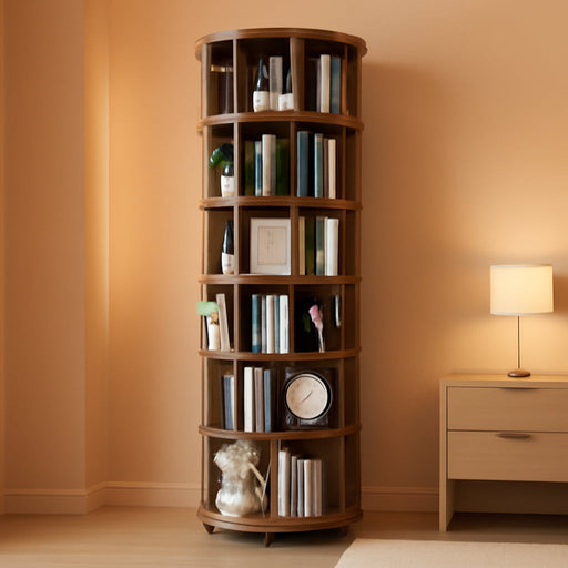 Rotating 6-Tier Walnut Rubberwood Bookcase 360 Degree