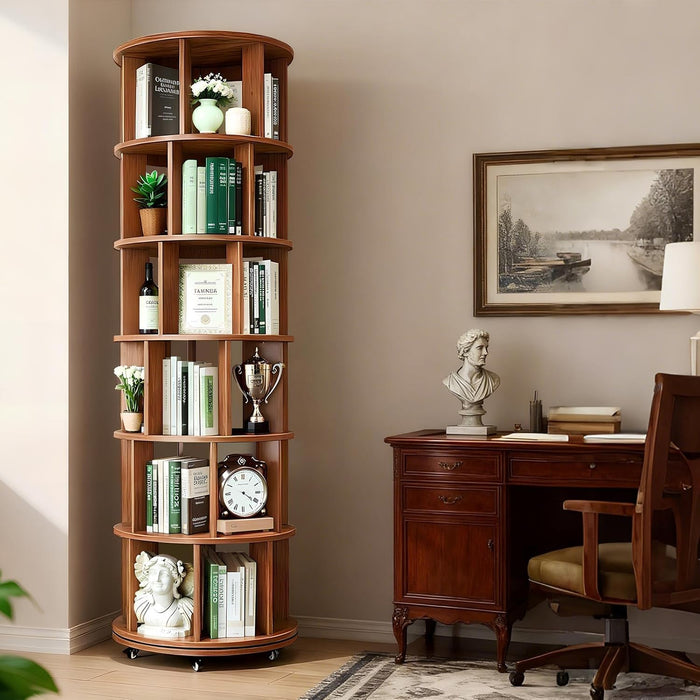 Rotating 6-Tier Walnut Rubberwood Bookcase 360 Degree