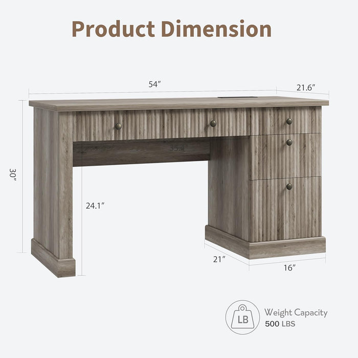 Fluted Home Office Desk Storage, 54" Modern Executive Desk with Charging Station, Wooden Computer Writing Desk with File Cabinet & Drawers for Study, Living Room, Bedroom