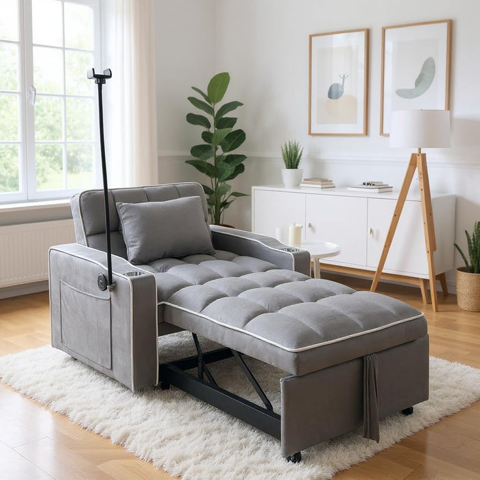 Gray Convertible Sleeper Chair With Builtin Cupholder