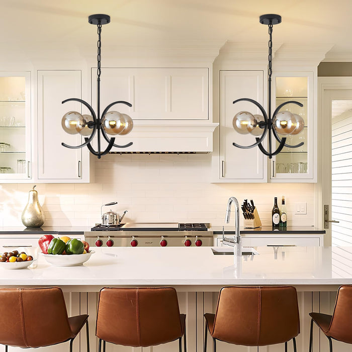 Modern Sputnik Chandelier,4-Light Black Chandelier with Amber Glass Globe Shades,Mid Century Industrial Chandeliers Dining Room Light Fixtures,Farmhouse Chandeliers for Dining Room Foyer Entryway