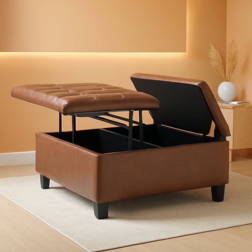 Harrison 36 Inch Wide Transitional Square Coffee Table Storage Ottoman in Distressed Umber Brown Vegan Faux Leather, Assembled, for the Living Room and Bedroom