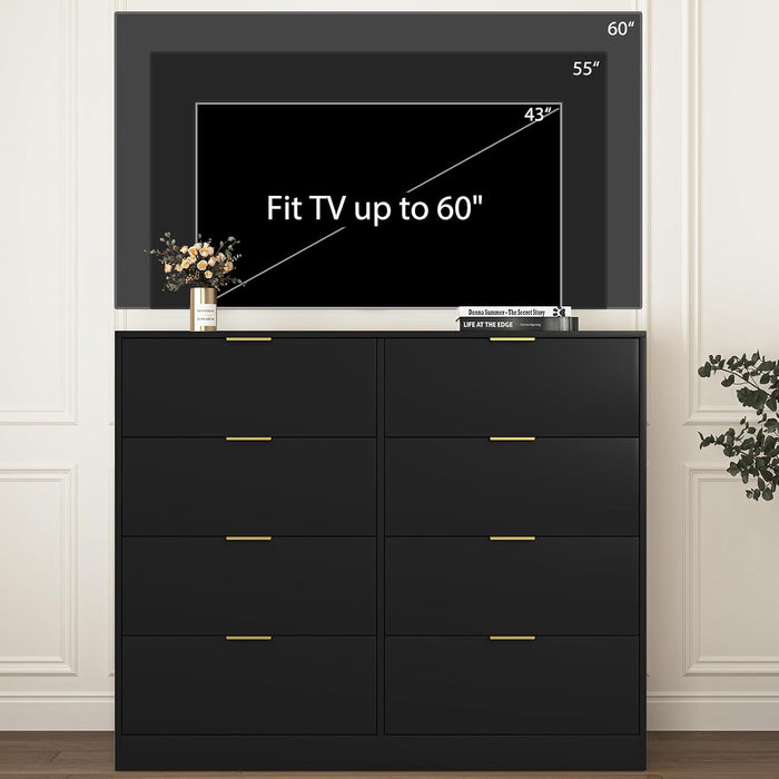 Black Dresser for Bedroom, 8 Drawer Dresser with Deep Drawer, Tall Modern Chest of Drawers with Golden Handle, Large Storage Organizer Bedroom Furniture, TV Stand for Living Room, Hallway, Entryway