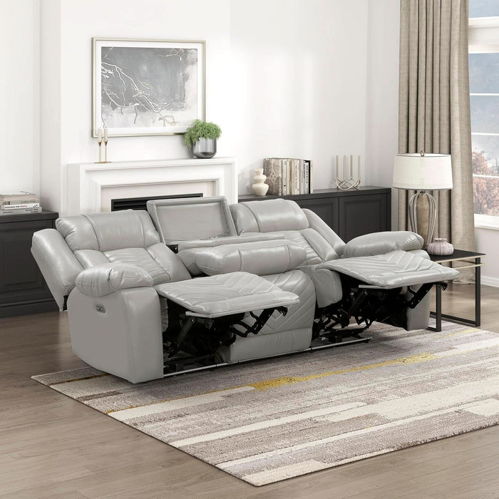 Wll Hugger Power Double Reclining Sof with Center Drop-Down Tble, Fux Lether Home Theter Seting with LED Lighting/Usb Chrging Ports/Wireless Chrger/Cup Holders, Mgzine Pocket, Gry