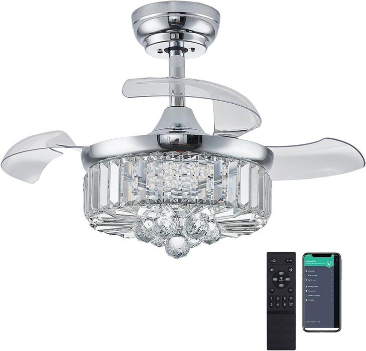 30" Chandelier Ceiling Fan with Light Crystal Modern Fandelier Reversible Ceiling Fan Dimmable Retractable Timer for Bedroom Dining Living Room Silver Chrome