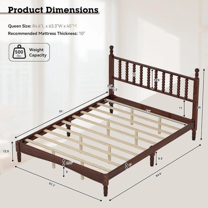 Walnut Wood Bed Frame Queen Size with Spindle Headboard, Queen Platform Bed with Wooden Slat Support, Retro Style Spindle Beds for Boys Girls Kids Adults Toddler, Easy Assembly