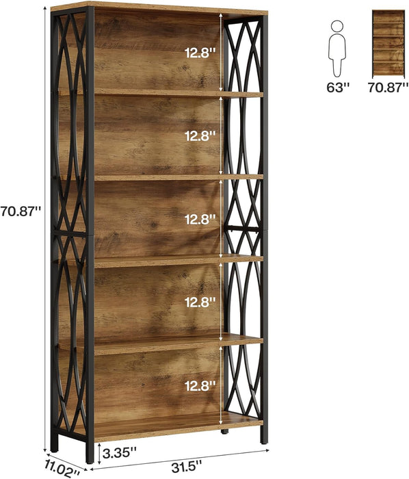 Industrial Six Tier Tall Bookshelf BrownAndBlackFinish