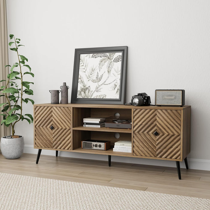 Walnut TV Stand with Fluted Diamond Doors, 55.12" Mid Century Modern TV Media Console for Tvs up to 65", TV Cabinet with Adjustable Shelf & 2 Cabinets for Living Room