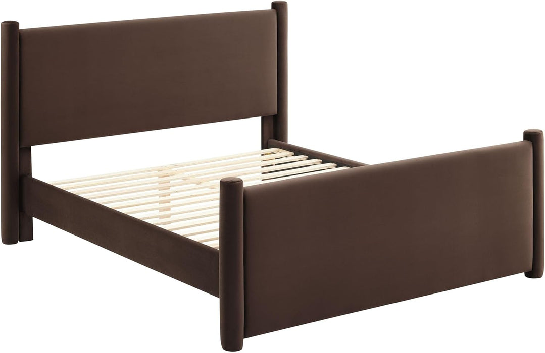 Rael Queen Platform Bed Frame with Upholstered Headboard and Footboard in Chocolate Brown – Stain-Resistant Performance Velvet Queen Size Bed with Rounded Posts