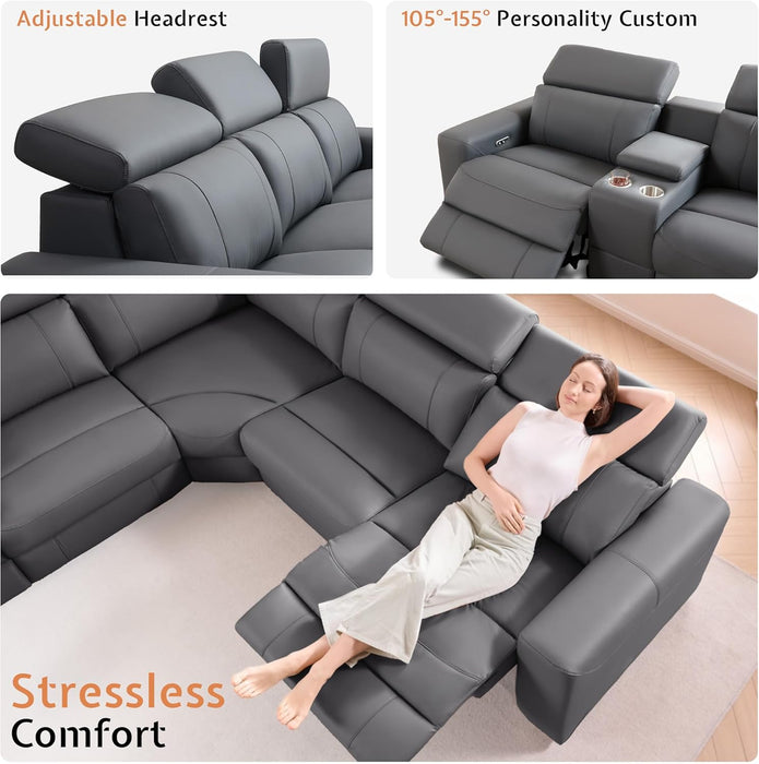 Power Recliner Sofa, Electric Reclining Sofa with Console & Dual Recliner, Leather Sectional Couch for Living Room, Grey