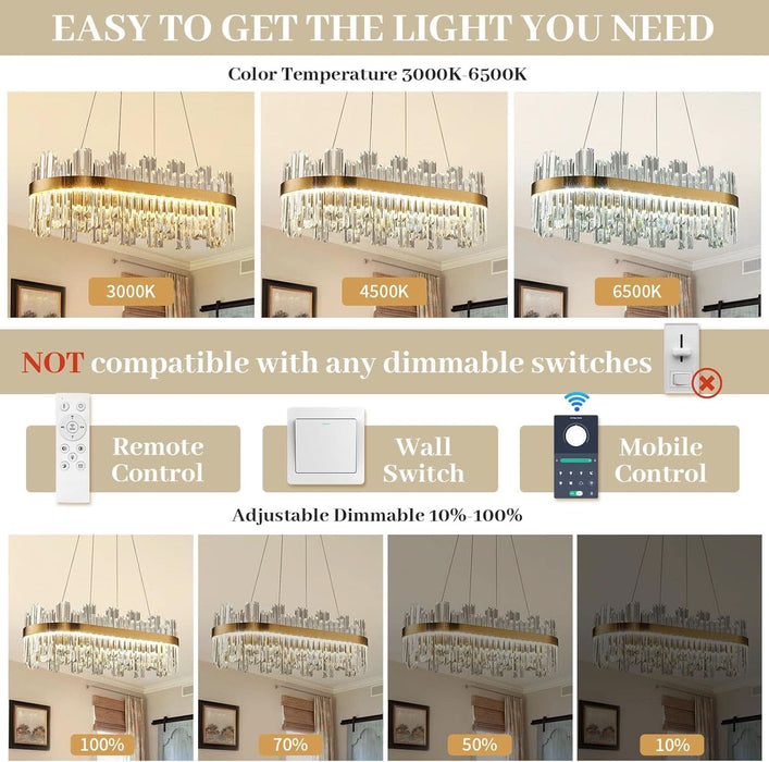 39.3" Dimmable Rectangle LED Crystal Chandeliers,Gold Chandelier Light, 3 Colors Contemporary Pendant Ceiling Light for Dining Room Living Room Kitchen Island Entryway Foyer ,With Remote Control