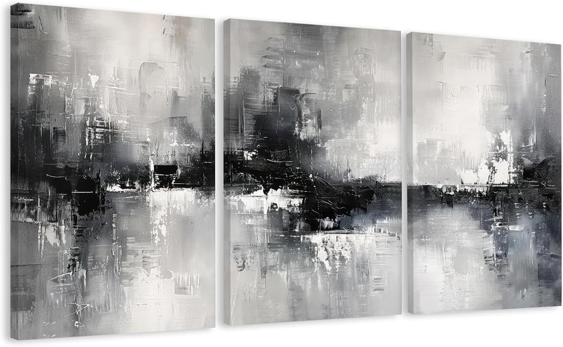 Triptych Abstract Black White Gray Wrapped Canvas Wall Art 16X24 in | Gallery Wrapped Canvas, UV Fade-Resistant Ink, Modern Minimalist, Ready to Hang, Living Room Office Decor, Housewarming Gift