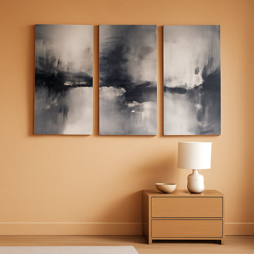 Triptych Abstract Black White Gray Wrapped Canvas Wall Art 16X24 in | Gallery Wrapped Canvas, UV Fade-Resistant Ink, Modern Minimalist, Ready to Hang, Living Room Office Decor, Housewarming Gift