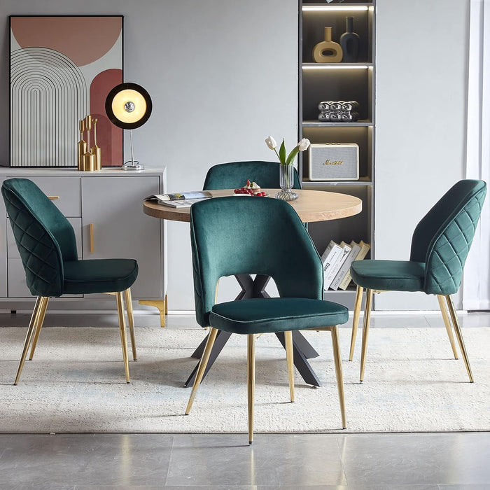 Modern Dining Chair Set of 4, Forest Green Velvet Fabric Upholstered Accent Chairs with Golden Metal Legs, round Back Side Chairs for Kitchen Living Room Bedroom