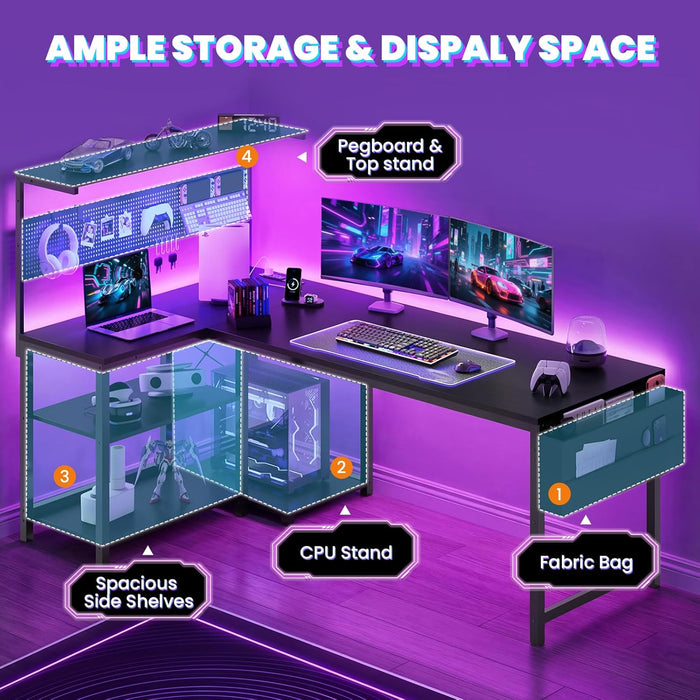 L Shaped Desk Gaming Desk with LED Light & Power Outlet, 55 Inch Reversible Computer Desk with Pegboard & Shelf & Storage Bag for Home Office, Black