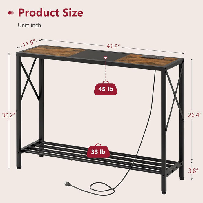 Console Table with Charging Station, 41.8" Entryway Table with Shelves, 2-Tier Narrow Sofa Table, Long behind Couch Table, for Entryway, Foyer, Living Room, Hallway, Brown & Black