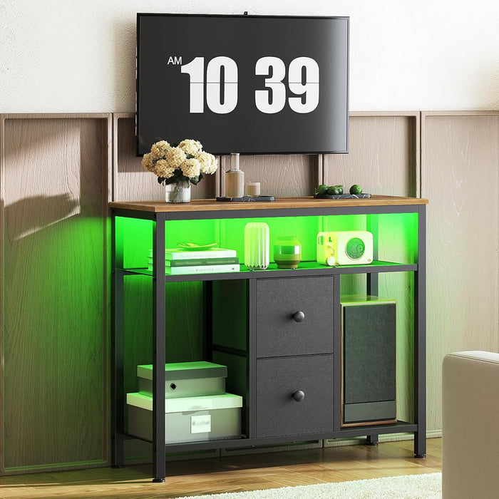 TV Stand with LED Lights, Dresser TV Stand, Tall Entertainment Center with 2 Fabric Drawers, TV Media Console Table, for Living Room, Bedroom, Black and Rustic Brown DS10DBR
